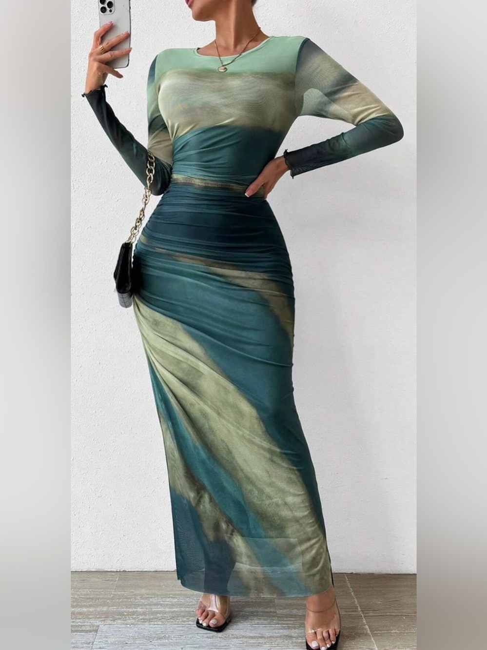 Green Ombre Long Sleeve Ruched Maxi Dress